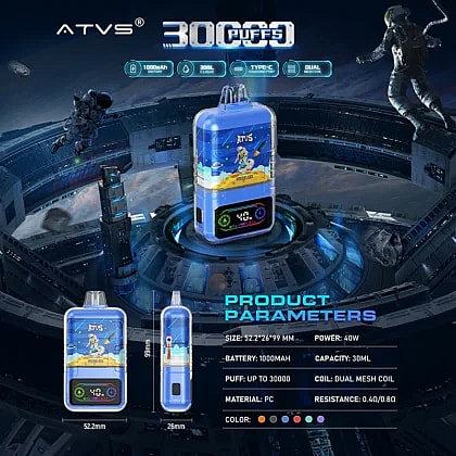 Reklambild för ATVS som visar upp en engångsvape för 30 000 puffar med rymdtemagrafik, visad med detaljerade produktspecifikationer mot en futuristisk sci-fi-bakgrund.