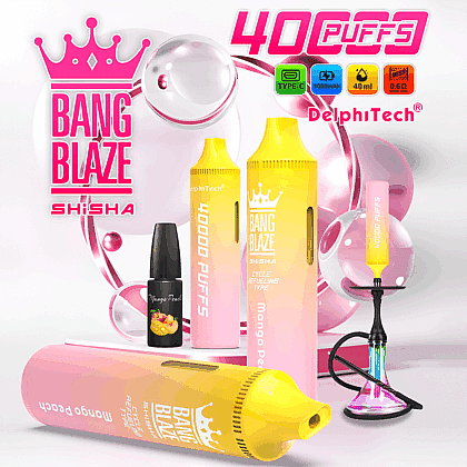 Kampanjbild för Bang Blaze shisha-engångsprodukter med 40 ml kapacitet, 1000 mAh batteri, 0,6Ω mesh-spole, typ-C-laddning, 4 nikotinnivåer och 12 djärva smaker.