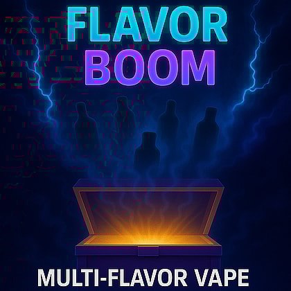 En stiliserad reklambild som visar en glödande låda som avger ljus med silhuetter av flaskor ovanför, omgiven av rök och elektriska ljusbågar, med texten "Flavor Boom" i neonfärger och "Multi-Flavor Vape" nedanför.