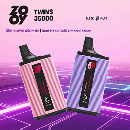 Imagen promocional de dos dispositivos de vapeo de la serie Zooy Twins 35000, con cuerpos texturizados de color rosa y morado, pantallas digitales y especificaciones que indican 35,000 bocanadas, batería de 650 mAh, bobina de malla dual y tecnología de pantalla inteligente, mostradas sobre un fondo futurista de color rosa y morado.