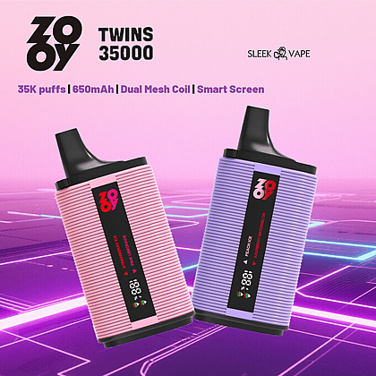 Imagen promocional de dos dispositivos de vapeo de la serie Zooy Twins 35000, con cuerpos texturizados de color rosa y morado, pantallas digitales y especificaciones que indican 35,000 bocanadas, batería de 650 mAh, bobina de malla dual y tecnología de pantalla inteligente, mostradas sobre un fondo futurista de color rosa y morado.