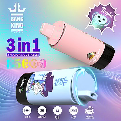 Imagen promocional de Bang King Vapen que muestra dos dispositivos de vapeo, uno rosa etiquetado como 'Strawberry Banana' y otro azul, con un sistema de sabor ajustable '3 en 1' con capacidad de 8500 bocanadas y especificaciones como carga tipo C, batería de 600 mAh y capacidad de 63 ml por sabor.