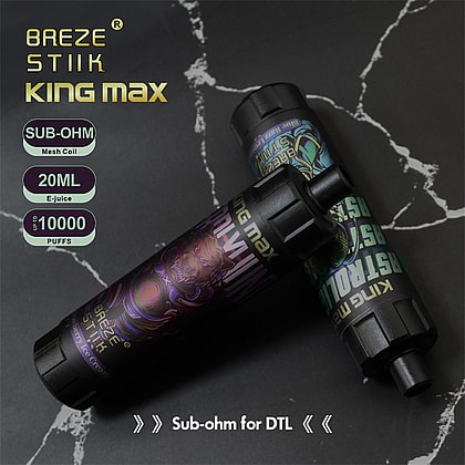 Der BREZE STIIK BS Kingmax liefert 10.000 Züge mit einer Sub-Ohm-Mesh-Spule, einem 850-mAh-Akku, einstellbarer Luftzufuhr und 12 Aromen für sanftes, geschmackvolles DTL-Dampfen.