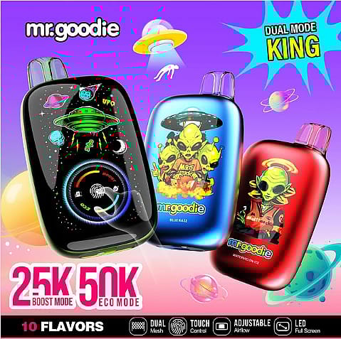 Publicité colorée présentant trois appareils de vapotage Mr. Goodie avec des motifs sur le thème des extraterrestres sur un fond sur le thème de l'espace, mettant en évidence des fonctionnalités telles que le mode double avec les modes Boost 2,5K et Eco 5K.
