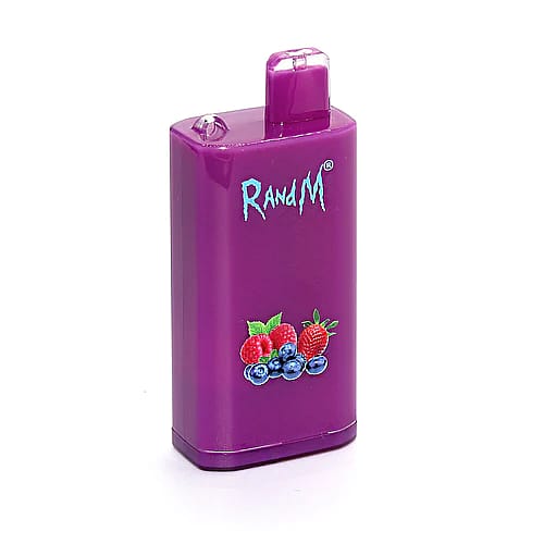 Ein lilafarbenes Einweggerät mit der Aufschrift "RandM" und Abbildungen von Himbeeren, Erdbeeren und Heidelbeeren auf der Vorderseite.