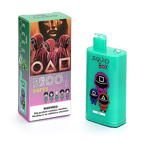 Einweg-Vape-Box zum Thema Squid Game mit einem mintgrünen Gerät, auf dem die maskierten Figuren und Symbole der Serie abgebildet sind, sowie einer passenden Produktbox.