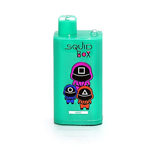 Einwegdampfgerät mit grünem Minzgeschmack und "Squid Box"-Schriftzug sowie Zeichentrickfiguren mit geometrischen Masken.