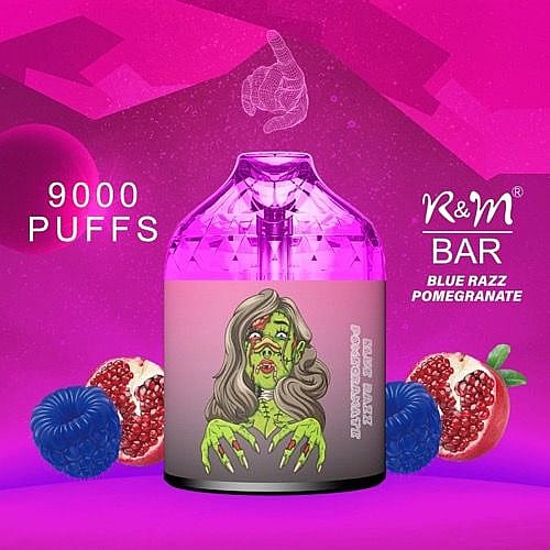 Vaporizzatore usa e getta R&M Bar da 9000 boccate con aroma di lampone blu e melograno, con illustrazione di un personaggio simile a uno zombi sulla confezione.