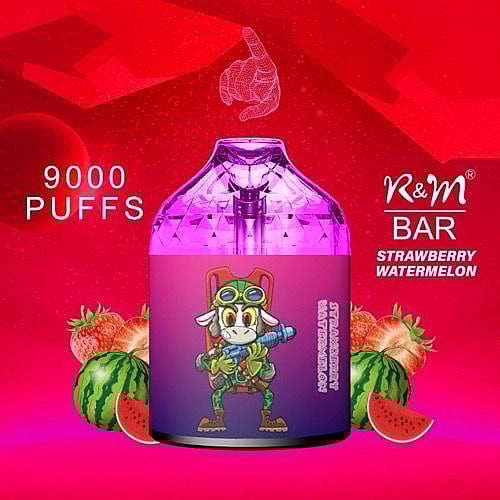 "9000 boccate di svapo K&M Bar al gusto di fragola e anguria, con un personaggio dei cartoni animati sull'etichetta."
