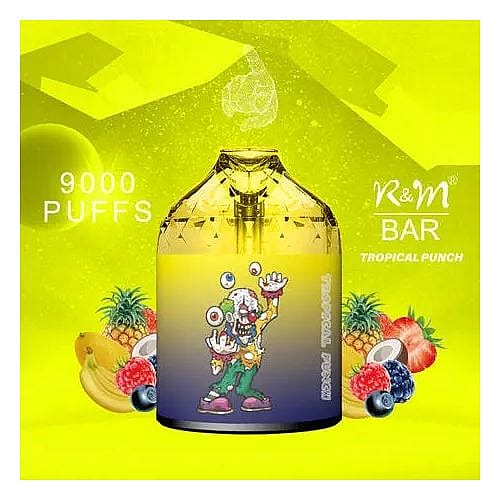 Vaporizzatore usa e getta al gusto di punch tropicale, con capacità di 9000 boccate, caratterizzato da un'illustrazione colorata di un clown sulla parte anteriore.