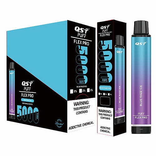 QST PUFF Flex Pro engångsvape med 5000 puffar i Blue Razz Ice-smak, med förpackning och vape-enhet.