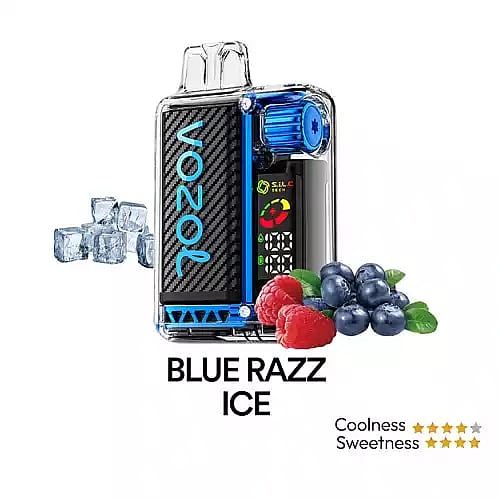 Bild på en vape-enhet märkt VOZOL med smaken Blue Razz Ice, med isbitar, hallon och blåbär, tillsammans med betyget fem stjärnor för sötma och fem stjärnor för svalka.
