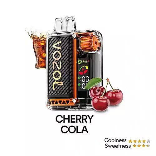 En Vozol vape-enhet med Cherry Cola-smakstema, dekorerad med körsbär och en cola-stänkbild, tillsammans med en kylighet på fyra stjärnor och en sötma på fem stjärnor.