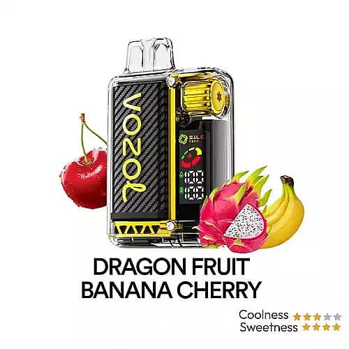 En elegant Vozol vape-enhet med svart och gul design, omgiven av livfulla fruktillustrationer inklusive körsbär, drakfrukt och bananer, med smakindikatorer som visar hög sötma och måttlig svalka.