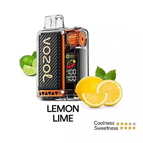 En marknadsföringsbild av en Vozol vaping-enhet med citron-lime-smak, med bilder av citroner och limefrukter och smakklassificeringar för svalka och sötma.