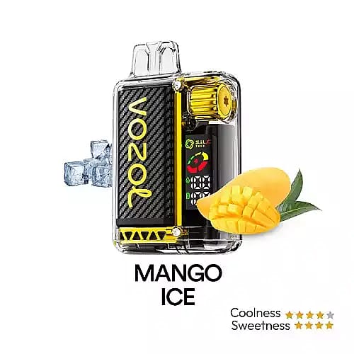 En Vozol vape-enhet med en mangois-smak, som visar mangoskivor och isbitar med ett svalkvärde på 5 stjärnor och ett söthetsvärde på 4 stjärnor.
