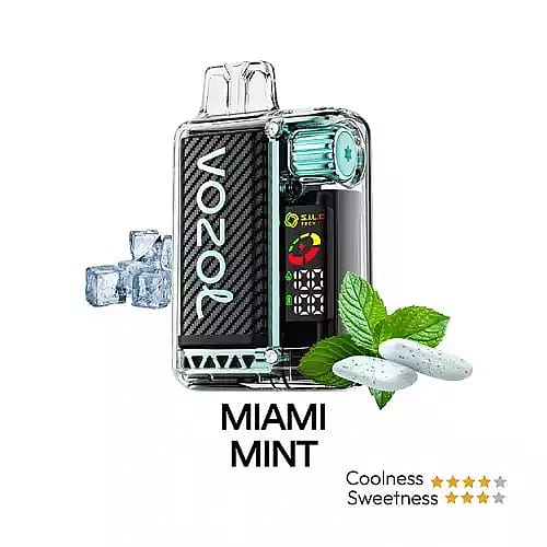 En vapingapparat av märket VOZOL med en Miami Mint-smak, med en genomskinlig kropp som visar interna komponenter, en iskubsgrafik, myntablad och en skala för sötma och svalhet.