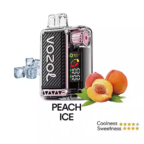 Vozol vape-enhet i en transparent och kolfiberfinish, tillsammans med persikoskivor, isbitar och smakklassningsikoner.
