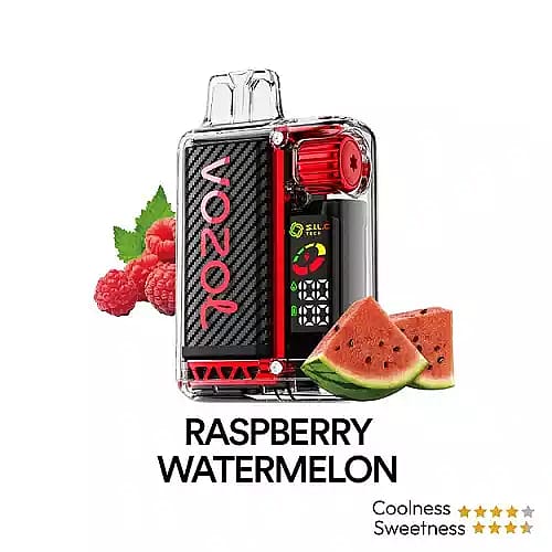 En genomskinlig vape-enhet med märket 'Vozol' visas, tillsammans med bilder av hallon och vattenmelonskivor märkta som 'Raspberry Watermelon'. Den inkluderar ett visuellt betyg som indikerar svalka och sötma.