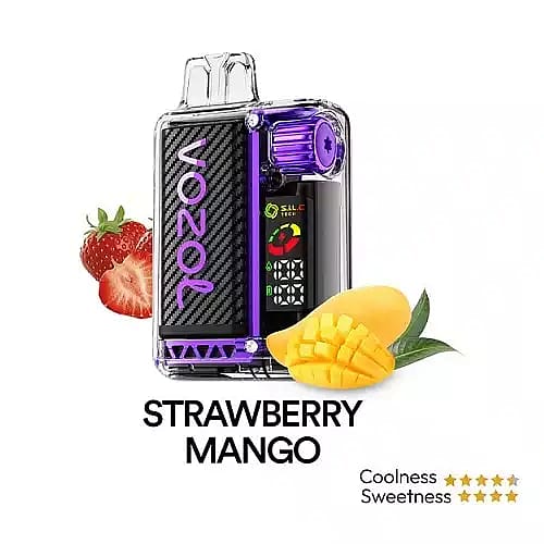 Elektronisk vape-enhet med ett tydligt hölje och lila accenter, märkt 'VOZOL', bredvid bilder av jordgubbar och mango, och betyg för svalka och sötma båda med fem stjärnor.