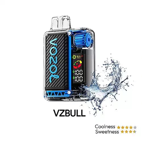 En VZBULL vape-enhet i blå och svart design med vatten som skvätter runt, visar dess hållbarhetsegenskaper, klassad för "Coolness" och "Sweetness".