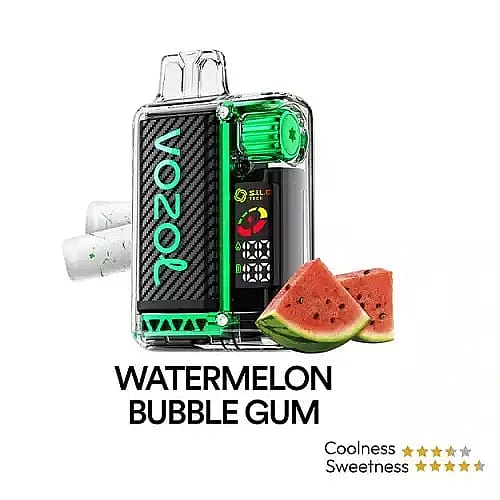 En VOZOL vapingapparat med smak av vattenmelonbubbelgum, med ett snyggt klart hölje och vattenmelonbilder, åtföljd av en stjärnklassificering för svalka och sötma.
