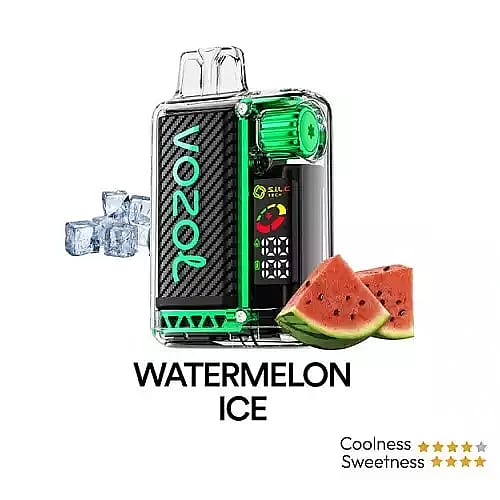 En transparent, modern vape-enhet märkt 'VOZOL' med gröna höjdpunkter åtföljs av skivor av vattenmelon och isbitar. Smaken är märkt som 'Watermelon Ice' med en femstjärnig sötma och fyrastjärnig kylighet.