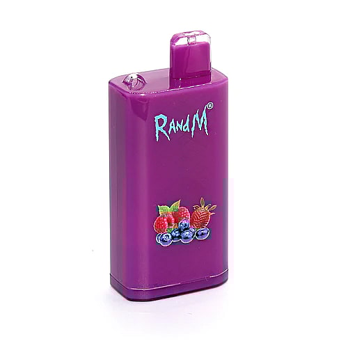 Ein lilafarbenes Einweggerät mit der Aufschrift "RandM" und Abbildungen von Himbeeren, Erdbeeren und Heidelbeeren auf der Vorderseite.
