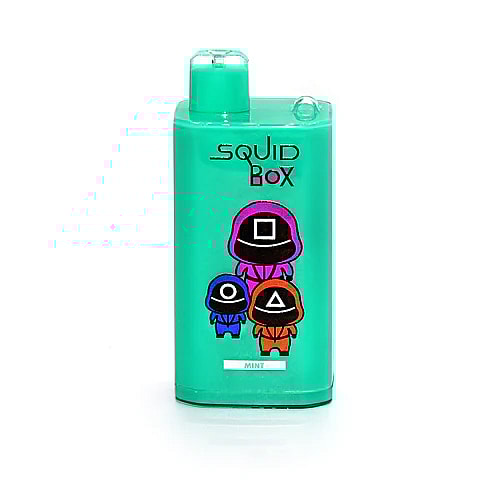 Einwegdampfgerät mit grünem Minzgeschmack und "Squid Box"-Schriftzug sowie Zeichentrickfiguren mit geometrischen Masken.