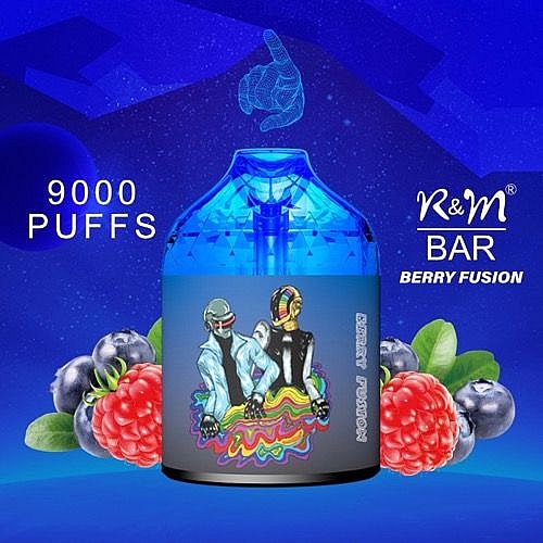 Blueberry and raspberry-themed vape packaging labeled "R&M Bar Berry Fusion" with "9000 puffs" text, featuring a colorful image of two helmeted figures on the front.