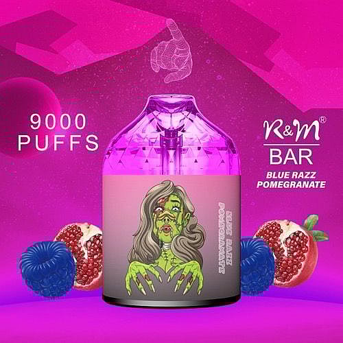 9000 puffs R&M Bar disposable vape with blue razz and pomegranate flavor, featuring a zombie-like character illustration on the packaging.