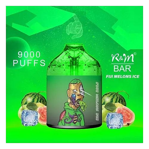 A green vape device labeled "R&M Bar" with "9000 puffs" and "Fiji Melons Ice" flavor, featuring an illustrated character on the front, surrounded by images of watermelon, guava, and ice cubes.