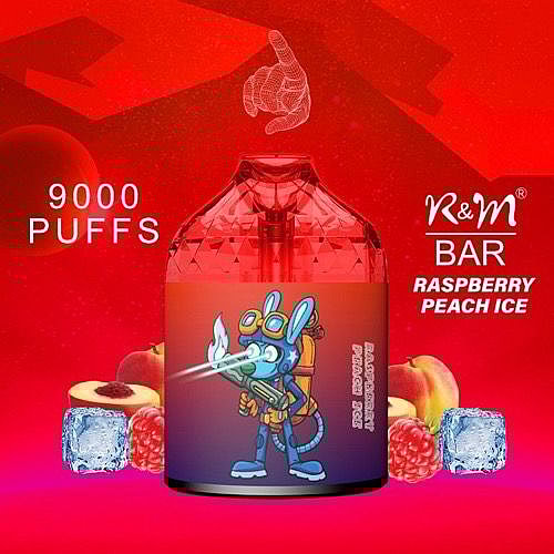 Red and black vape device with 9000 puffs, featuring a cartoon mouse holding a laser gun, surrounded by raspberries, peaches, and ice cubes. Text reads "Raspberry Peach Ice" and "K&M Bar."