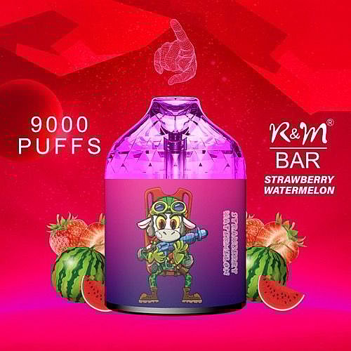 "9000 puffs K&M Bar vape with strawberry watermelon flavor, featuring a cartoon character on the label."
