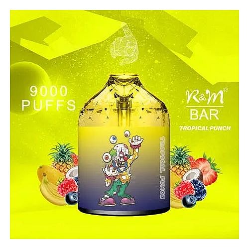 Tropical punch flavored disposable vape with 9000 puffs, featuring a colorful clown illustration on the front.