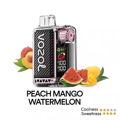 A Voopoo vaping device with a black and transparent design, displayed alongside images of peaches, mangoes, and watermelons with emphasized text 'Peach Mango Watermelon' and flavor ratings below.