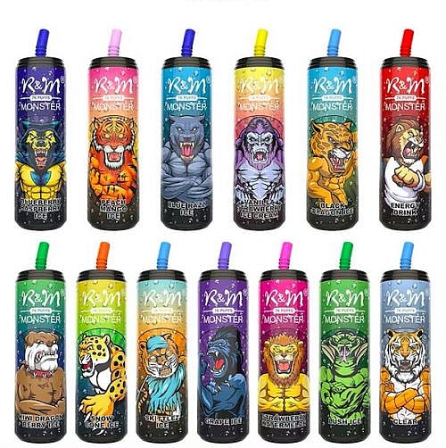 A collection of colorful vape pens featuring various monster-themed designs with different animals and mythical creatures on each pen.