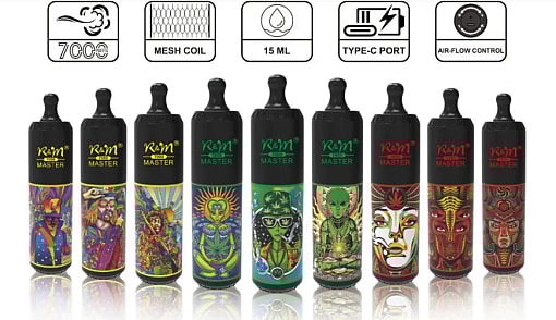 Dispositivos de vapeo desechables con diseños coloridos e intrincados, etiquetados como "R&M Master", con 7000 caladas, bobina de malla, capacidad de 15 ml, puerto Type-C y control de flujo de aire.