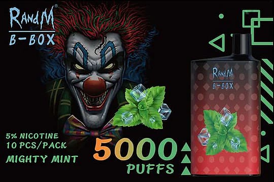 Una pubblicità di un dispositivo per svapare raffigurante un sinistro clown, il marchio "RandM B-Box" e un testo che recita "5% Nicotina, 10 pezzi/confezione, Mighty Mint, 5000 tiri".