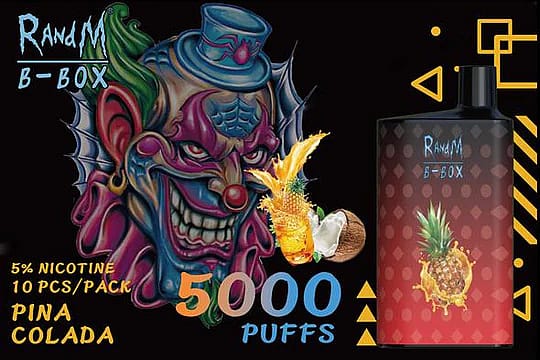 Vaporizzatore monouso RandM B-Box da 5000 boccate, con motivo a clown, nicotina 5% e aroma Piña Colada.