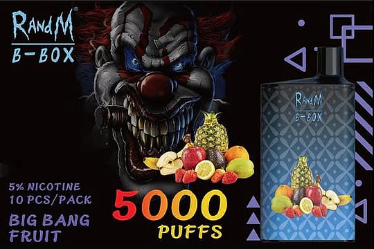 Vaporizzatore RandM B-Box da 5000 boccate, aroma Big Bang Fruit, raffigurante un minaccioso clown.