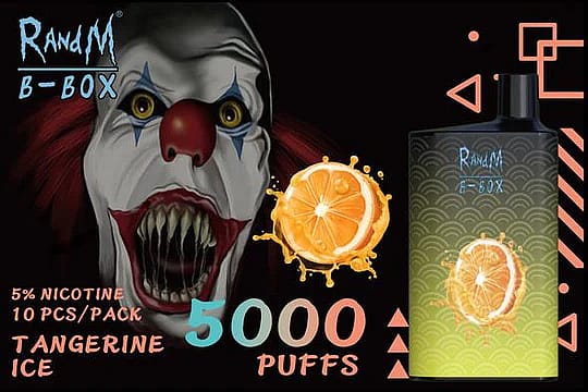 Un dispositivo per svapare con 5000 boccate e aroma di mandarino ghiacciato, caratterizzato dall'etichetta di nicotina 5% e da una faccia da clown inquietante.