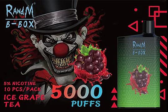 Confezione per sigaretta elettronica RandM B-BOX con l'illustrazione di un clown minaccioso, nicotina 5%, 10 pezzi per confezione, aroma: Ice Grape Tea, 5000 boccate.