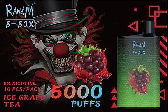 RandM B-BOX e-cigarette packaging with an illustration of a menacing clown, 5% nicotine, 10 pieces per pack, flavor: Ice Grape Tea, 5000 puffs.