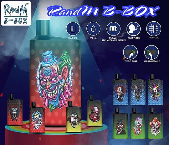 Dispositivo da svapo colorato con un design grafico da clown, dotato di specifiche come capacità di 10 ml di olio, nicotina 5%, batteria ricaricabile da 650 mAh, 5000 puff, coil a rete, porta Type-C e impostazioni regolabili dell'aria.