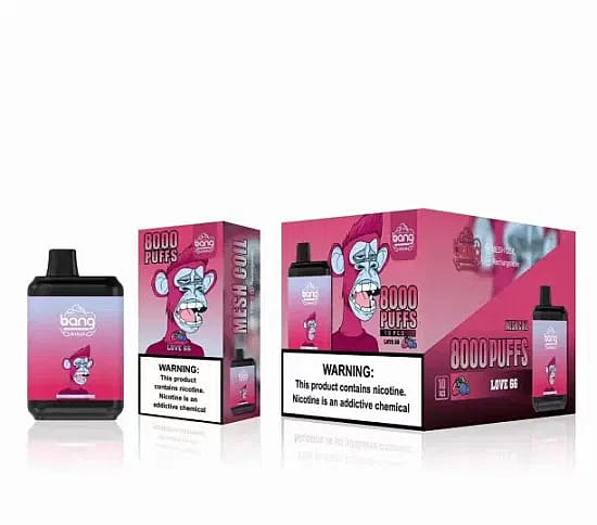 Bang engångsvapebox och förpackning med en stiliserad tecknad apdesign med texten "8000 puffar" och en nikotinvarningsetikett som säger "Denna produkt innehåller nikotin. Nikotin är en beroendeframkallande kemikalie."