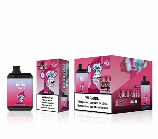 Caja de vapeo desechable Bang y envase con un diseño estilizado de un simio de dibujos animados con el texto "8000 caladas" y una etiqueta de advertencia de nicotina que dice: "Este producto contiene nicotina. La nicotina es una sustancia química adictiva".