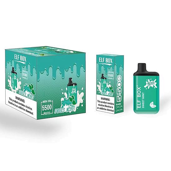 Elf Box Sweet Mint disposable vape packaging, featuring a 5500 puff device with a mint green design and nicotine warning labels.