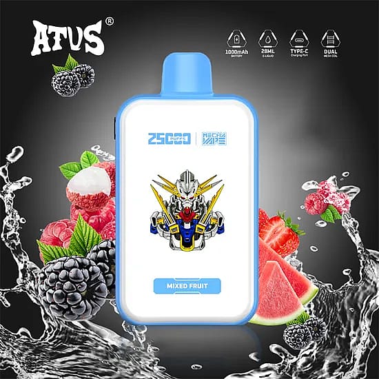 Image promotionnelle pour ATVS présentant un appareil à vapotage bleu avec une étiquette de saveur « Fruits mélangés », entouré d'éclaboussures d'eau et d'illustrations de litchis, de mûres et de tranches de pastèque.