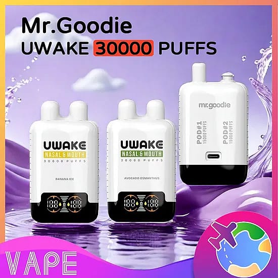 Immagine promozionale che mostra i vaporizzatori Mr. Goodie UWake nei gusti Banana Ice e Avocado Osmanthus, evidenziando la durata di 30.000 boccate, su uno sfondo di schizzi di liquido viola.